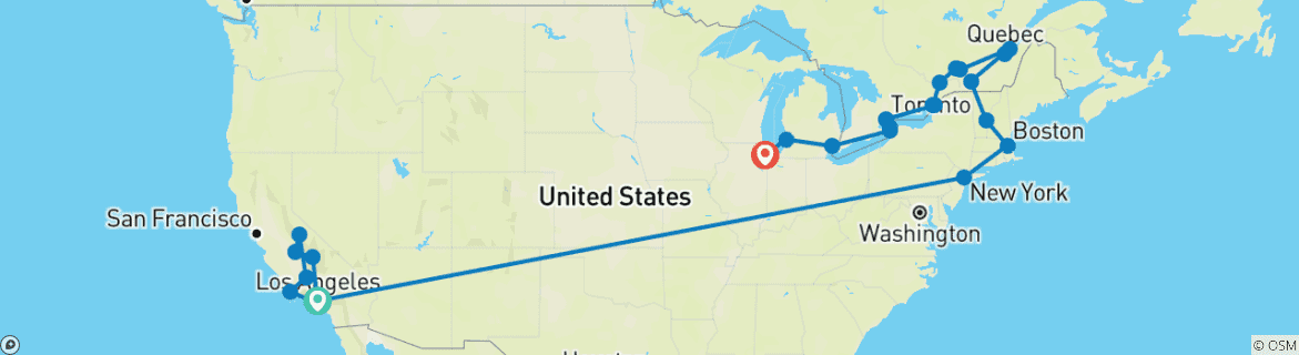Image of a map showing the route of the tour