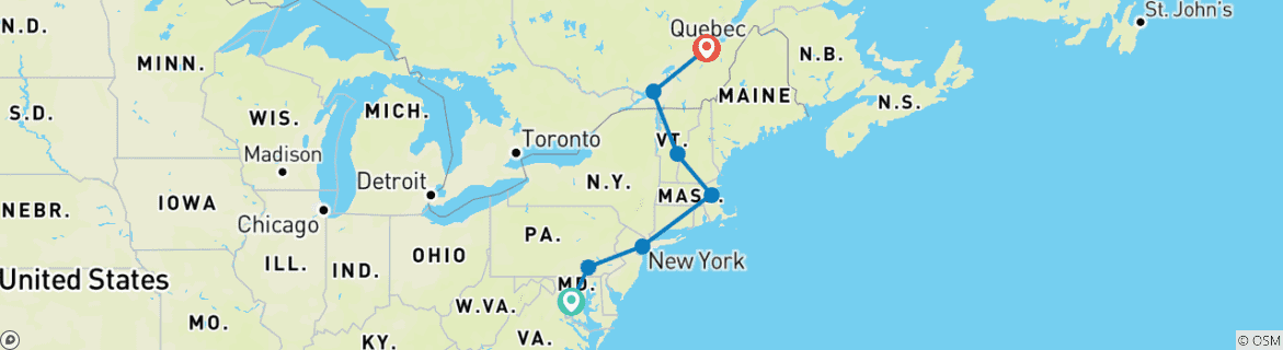 Image of a map showing the route of the tour