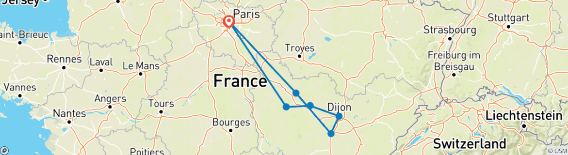 Image of a map showing the route of the tour