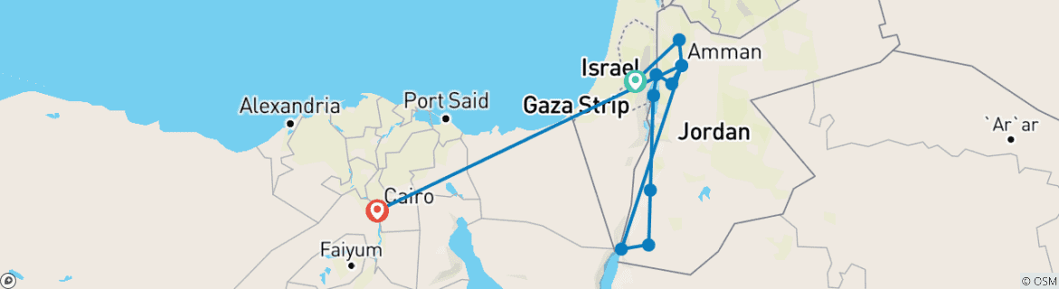 Carte du circuit Jérusalem, la Jordanie inoubliable et Le Caire (avec la mer Morte)