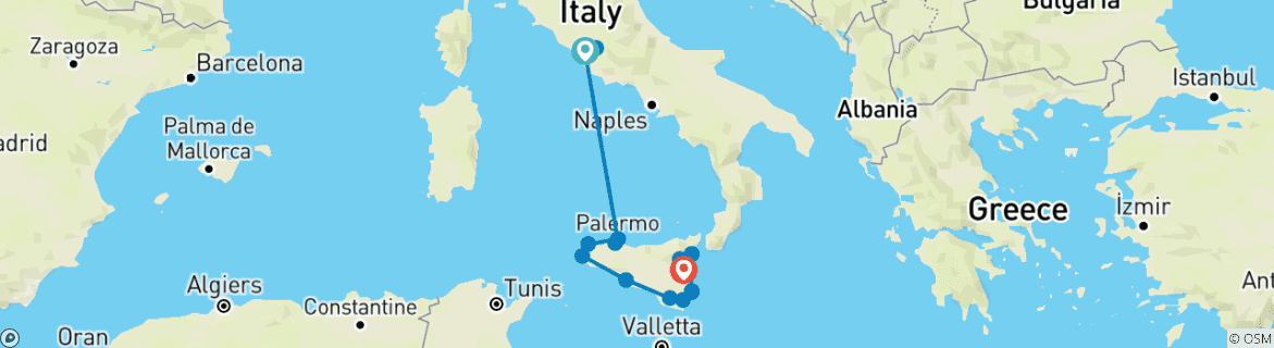 Image of a map showing the route of the tour