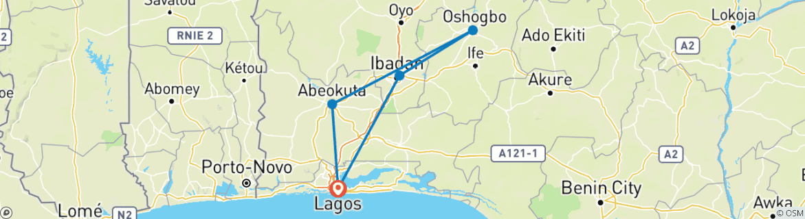 Image of a map showing the route of the tour