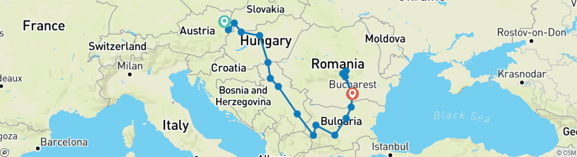 Image of a map showing the route of the tour