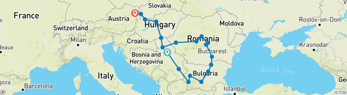 Kaart van Het erfgoed van de Balkan & keizerlijke steden in 20 dagen; semi-privétour met een eigen reisleider en auto
