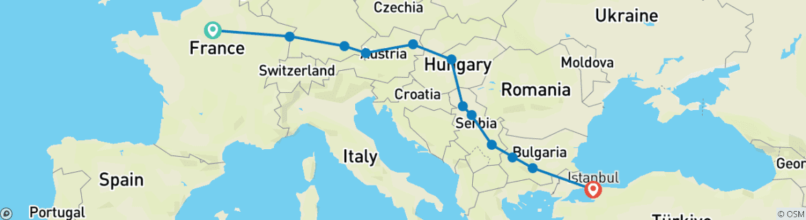 Image of a map showing the route of the tour