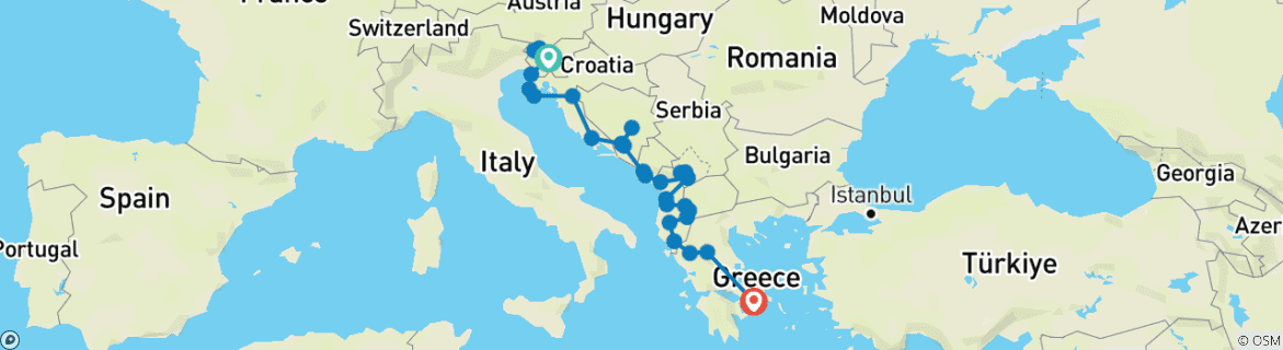 Mapa de Maravillas del Mediterráneo y tesoros de los Balcanes en 21 días; tour semiprivado con guía exclusivo y coche propio