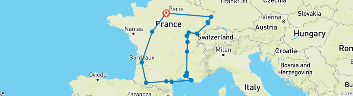 Image of a map showing the route of the tour