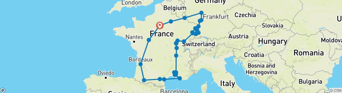 Image of a map showing the route of the tour
