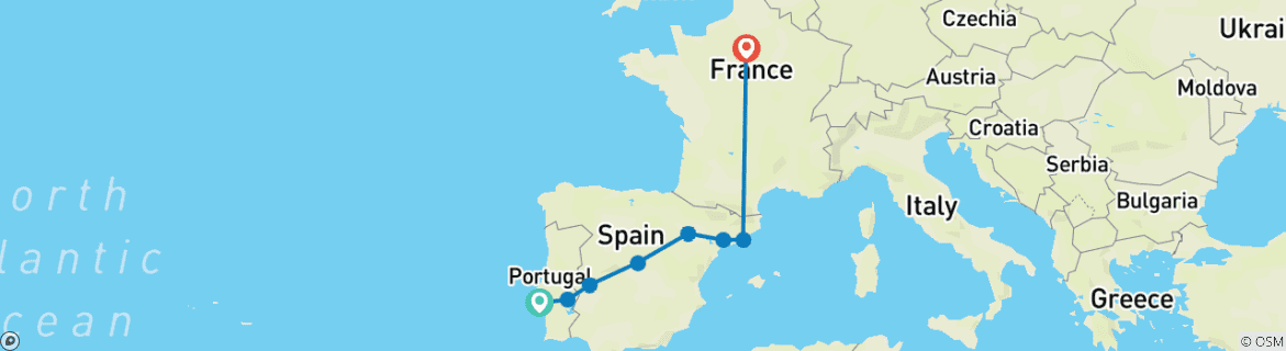 Carte du circuit De Lisbonne à Paris (14 destinations)