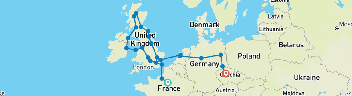 Image of a map showing the route of the tour