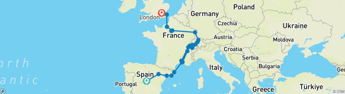 Kaart van Essential Europe – eindpunt Londen (26 bestemmingen)