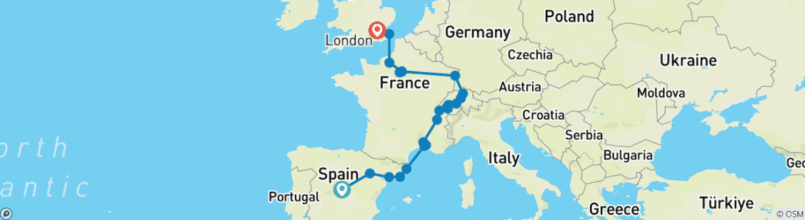 Image of a map showing the route of the tour