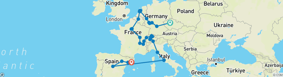 Image of a map showing the route of the tour