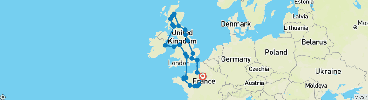 Karte von Frankreich, England, Schottland und Irland mit Paris und Rouen (36 Reiseziele)
