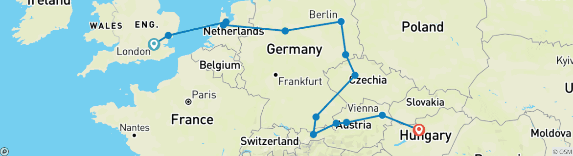 Image of a map showing the route of the tour