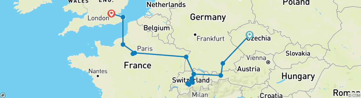 Image of a map showing the route of the tour