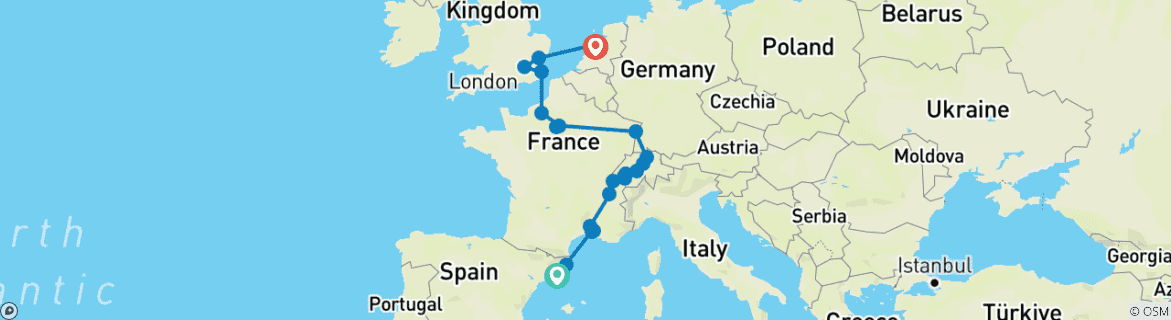 Image of a map showing the route of the tour