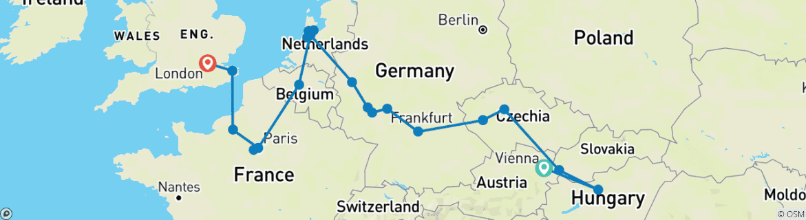 Image of a map showing the route of the tour