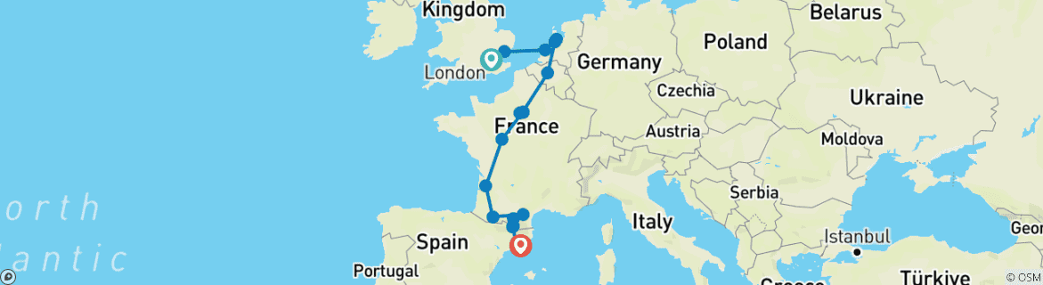 Image of a map showing the route of the tour