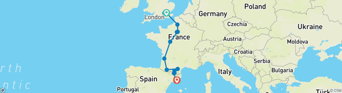 Image of a map showing the route of the tour
