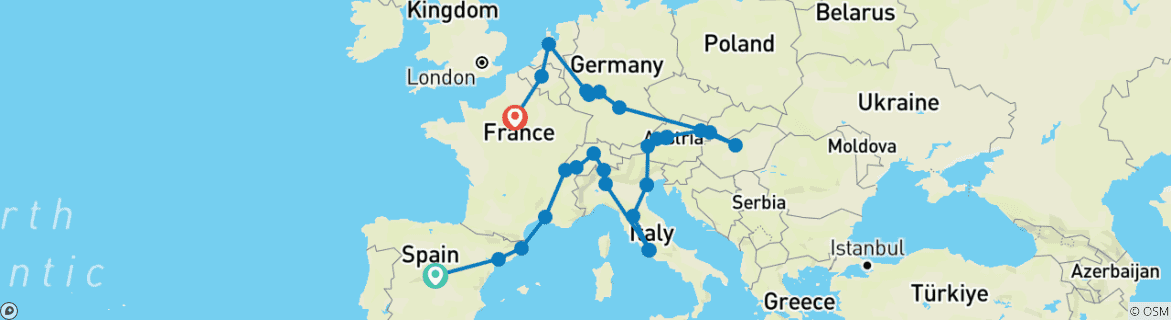 Image of a map showing the route of the tour
