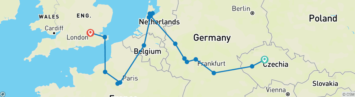 Image of a map showing the route of the tour