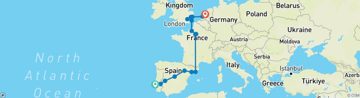 Image of a map showing the route of the tour