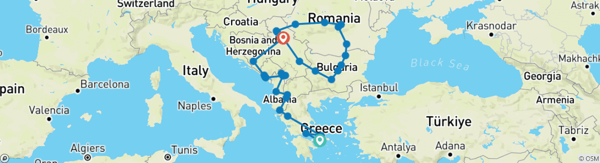 Image of a map showing the route of the tour