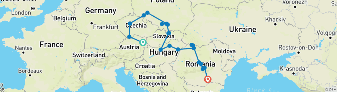 Image of a map showing the route of the tour