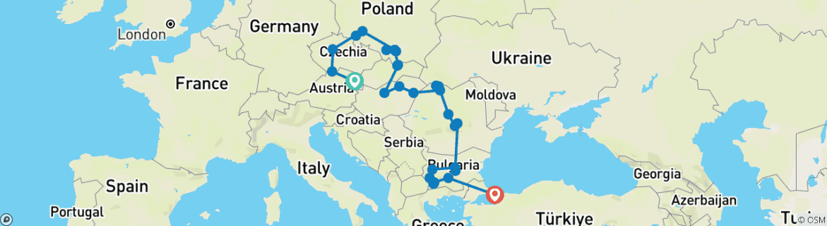 Image of a map showing the route of the tour