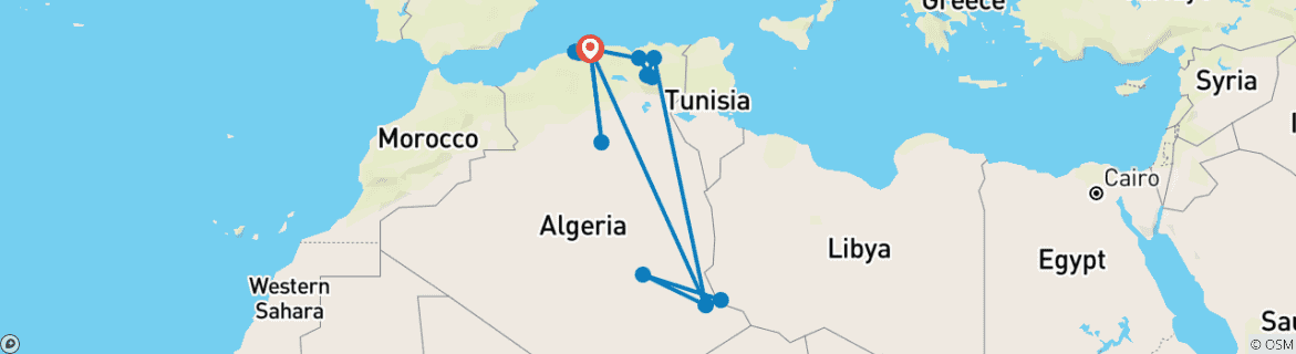 Image of a map showing the route of the tour