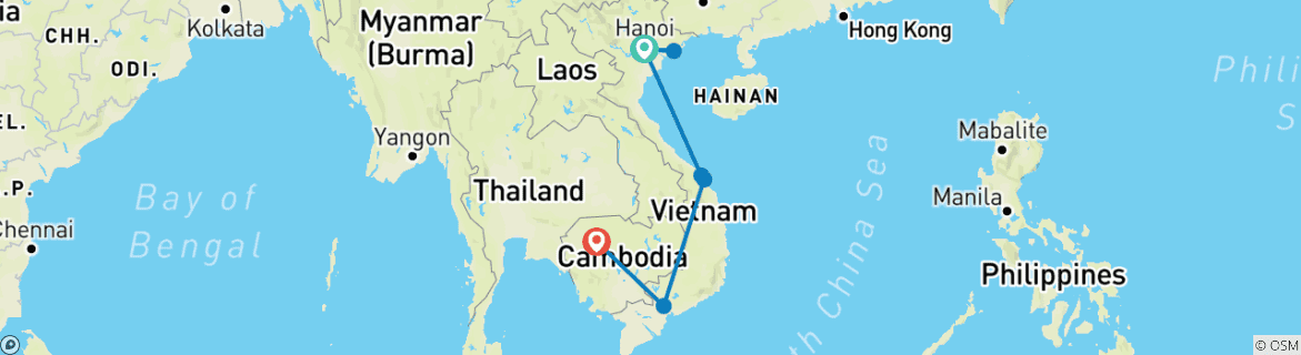 Image of a map showing the route of the tour