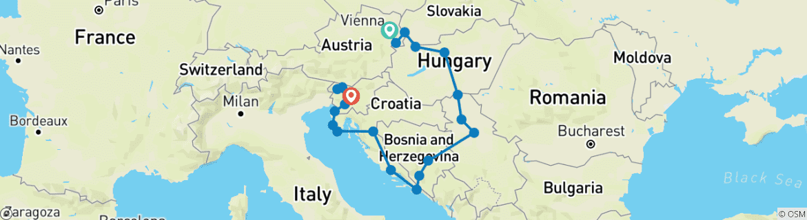 Image of a map showing the route of the tour