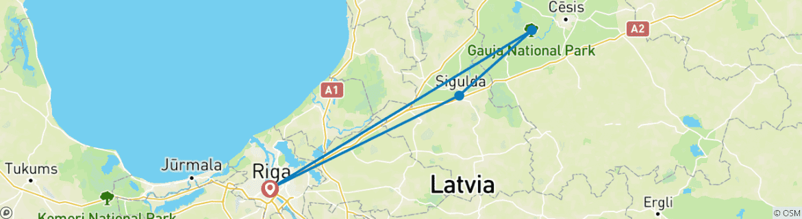 Image of a map showing the route of the tour