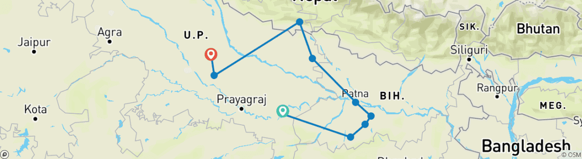 Image of a map showing the route of the tour