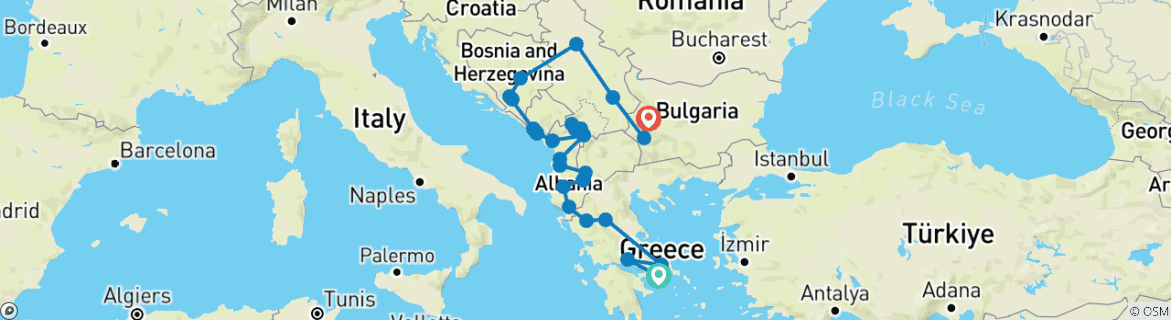 Image of a map showing the route of the tour