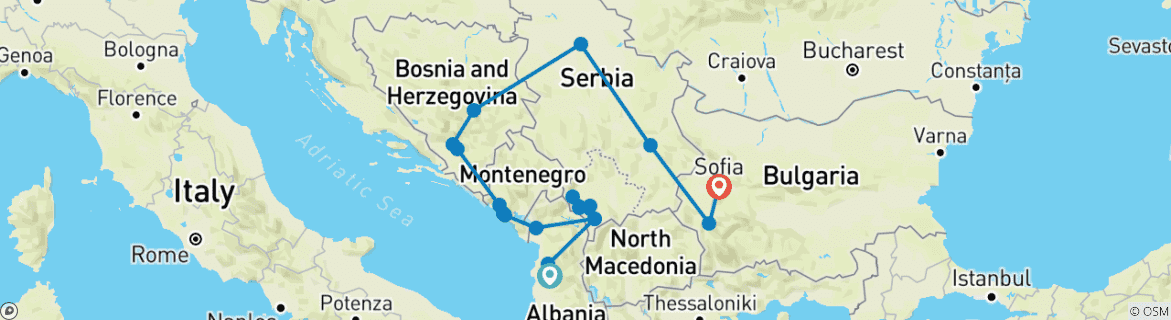 Image of a map showing the route of the tour