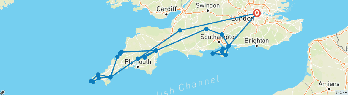 Image of a map showing the route of the tour