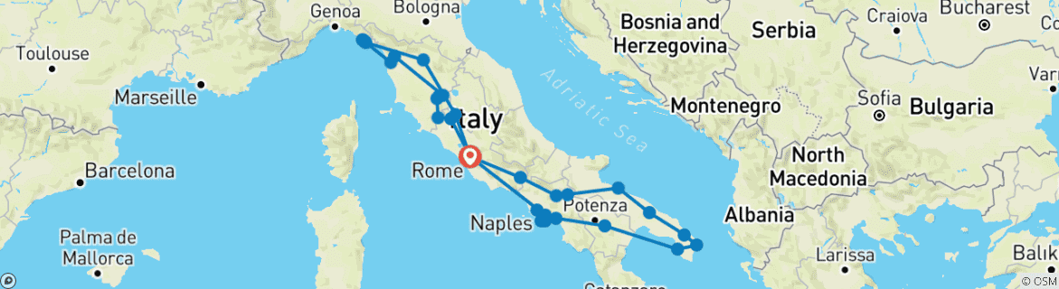 Image of a map showing the route of the tour