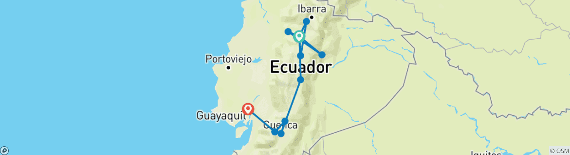 Image of a map showing the route of the tour