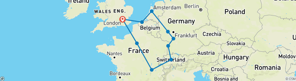 Image of a map showing the route of the tour