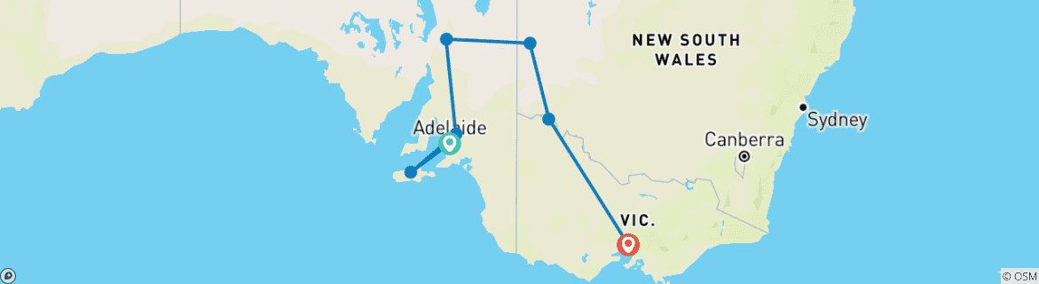 Image of a map showing the route of the tour