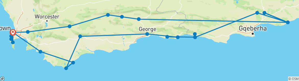 Image of a map showing the route of the tour