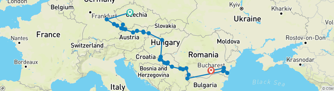 Image of a map showing the route of the tour