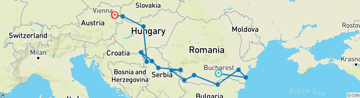 Image of a map showing the route of the tour