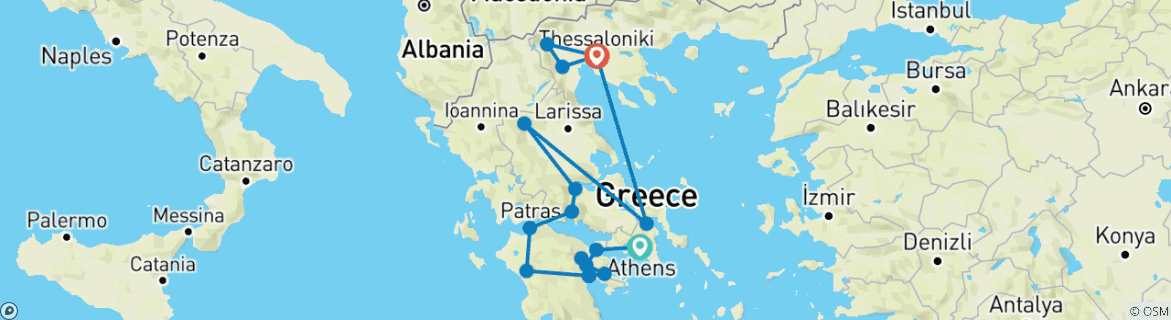 Image of a map showing the route of the tour