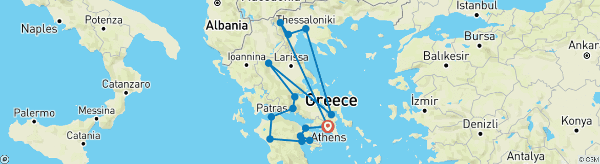 Image of a map showing the route of the tour
