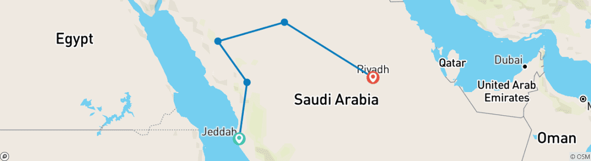 Image of a map showing the route of the tour