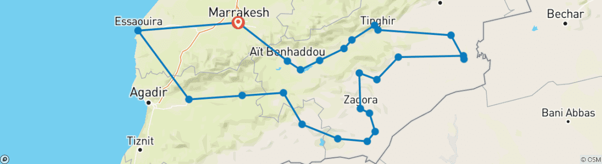 Carte du circuit Circuit privé de 7 jours au Maroc au départ de Marrakech