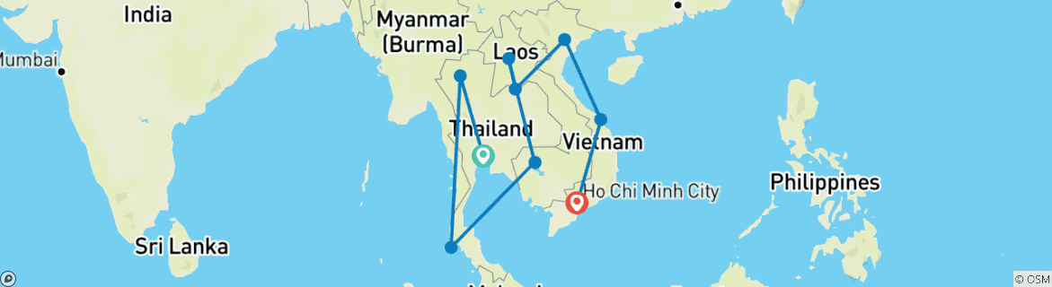 Carte du circuit Circuit privé panoramique de 27 jours en Indochine (voyage au rythme tranquille, confort 4 étoiles et expériences personnalisées)